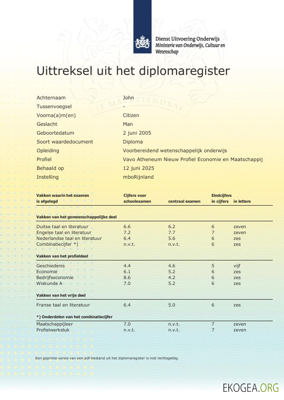 Modèle d'extrait du registre des diplômes MboRijnland des Pays Bas au format Word et PDF